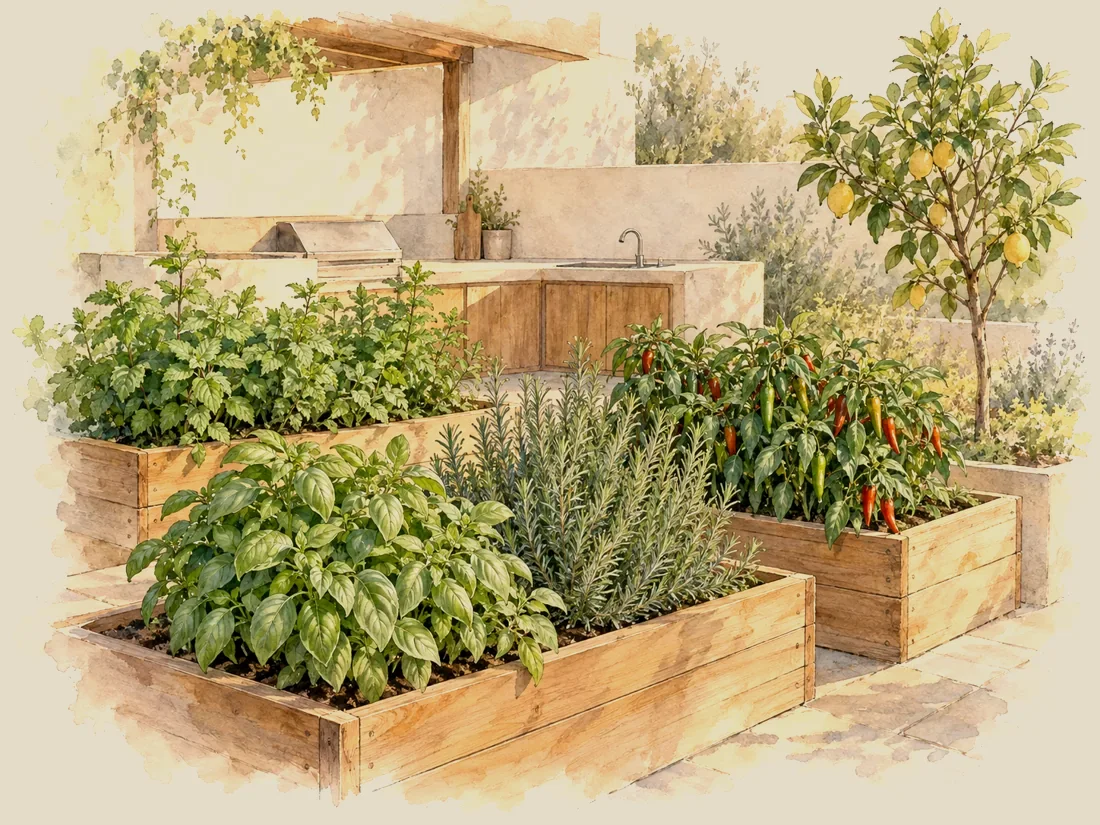 Huerto aromático en jardineras de madera con albahaca, romero, chiles y un limonero junto a una cocina exterior