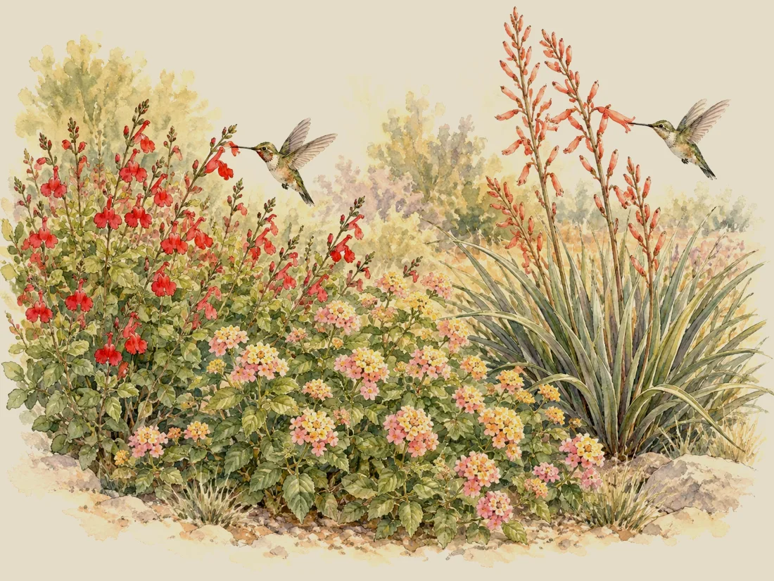 Jardín para colibríes con salvias rojas, lantana y hesperaloe en flor