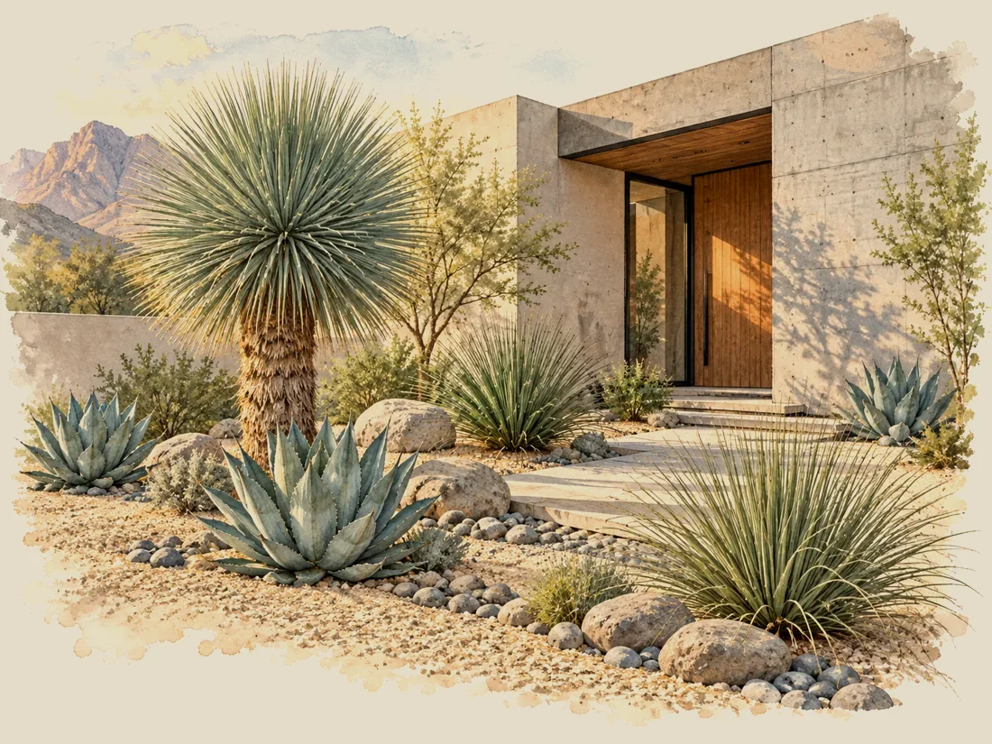 Jardín desértico contemporáneo con yuca rostrata, agaves y piedra de río en la entrada de una casa en Monterrey