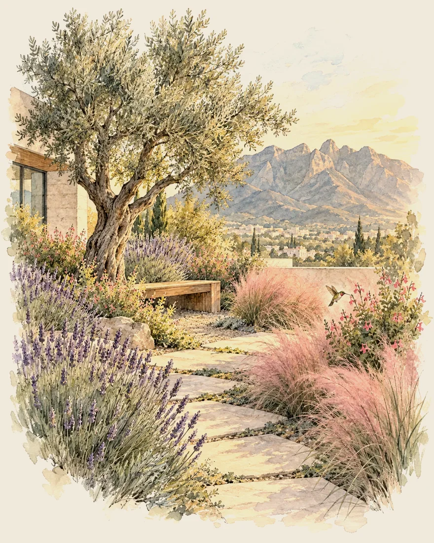 Ilustración en acuarela de un jardín con olivo, lavanda y zacate muhly rosa frente a la Sierra Madre en San Pedro Garza García