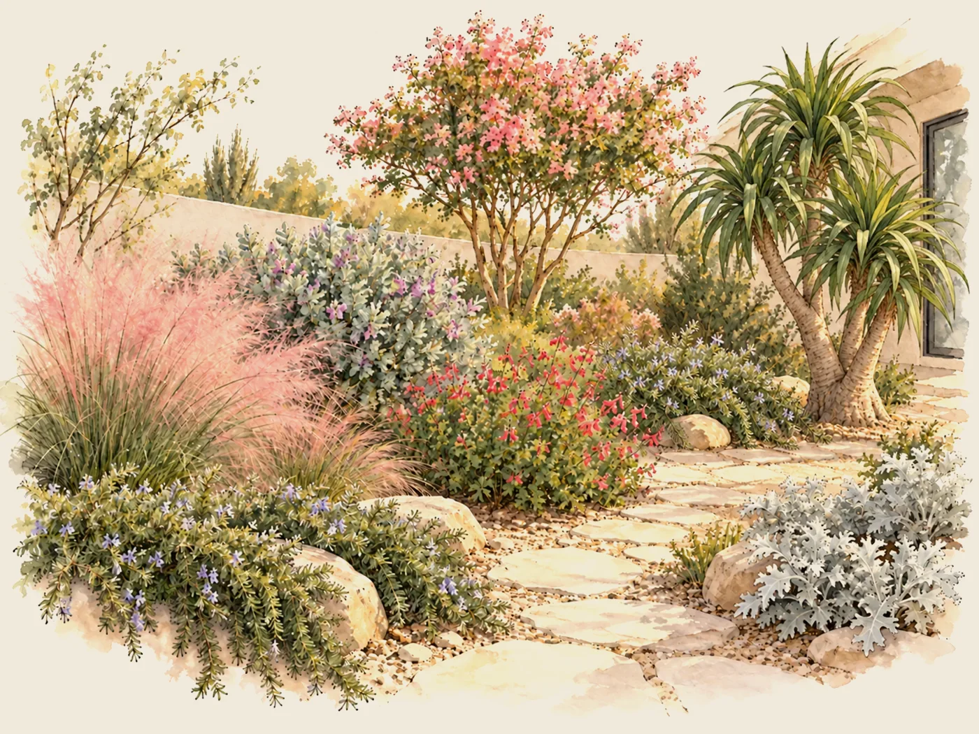 Jardín en acuarela con zacate muhly rosa, cenizo, crespón en flor, salvia greggii, yuca pie de elefante, romero rastrero y cineraria marítima junto a un camino de piedra
