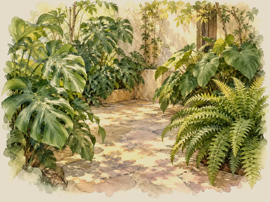 Patio tropical de sombra con monstera, filodendro y helechos sobre piso de piedra