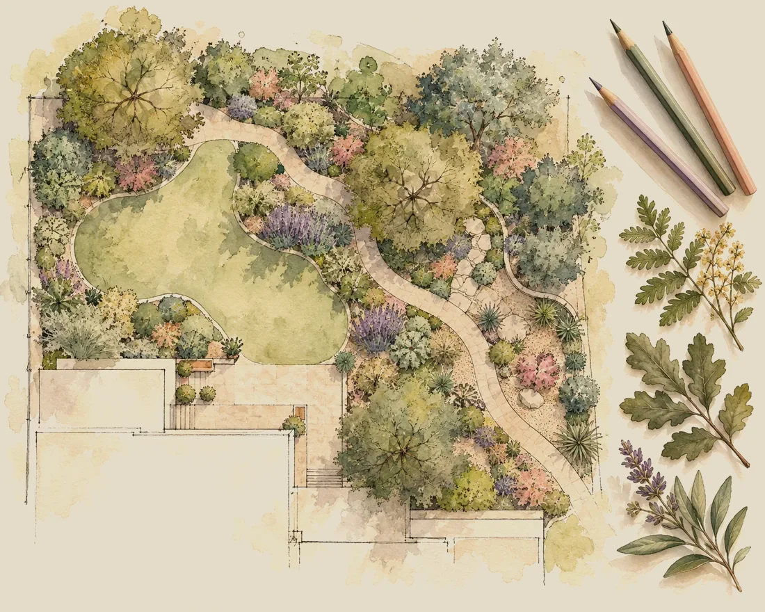 Plano de jardín dibujado a mano en acuarela con árboles, caminos y grupos de plantas