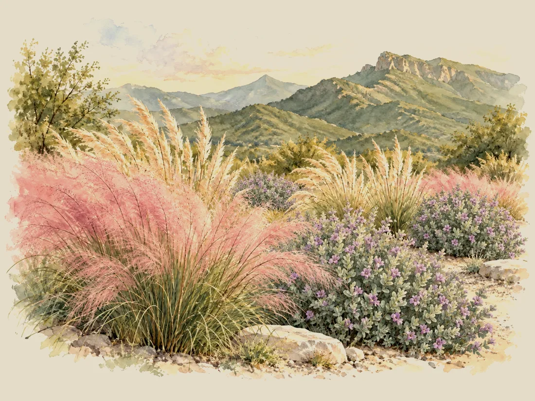 Pradera nativa con zacate muhly rosa, pastos ornamentales y cenizo en flor con los cerros de Santiago al fondo