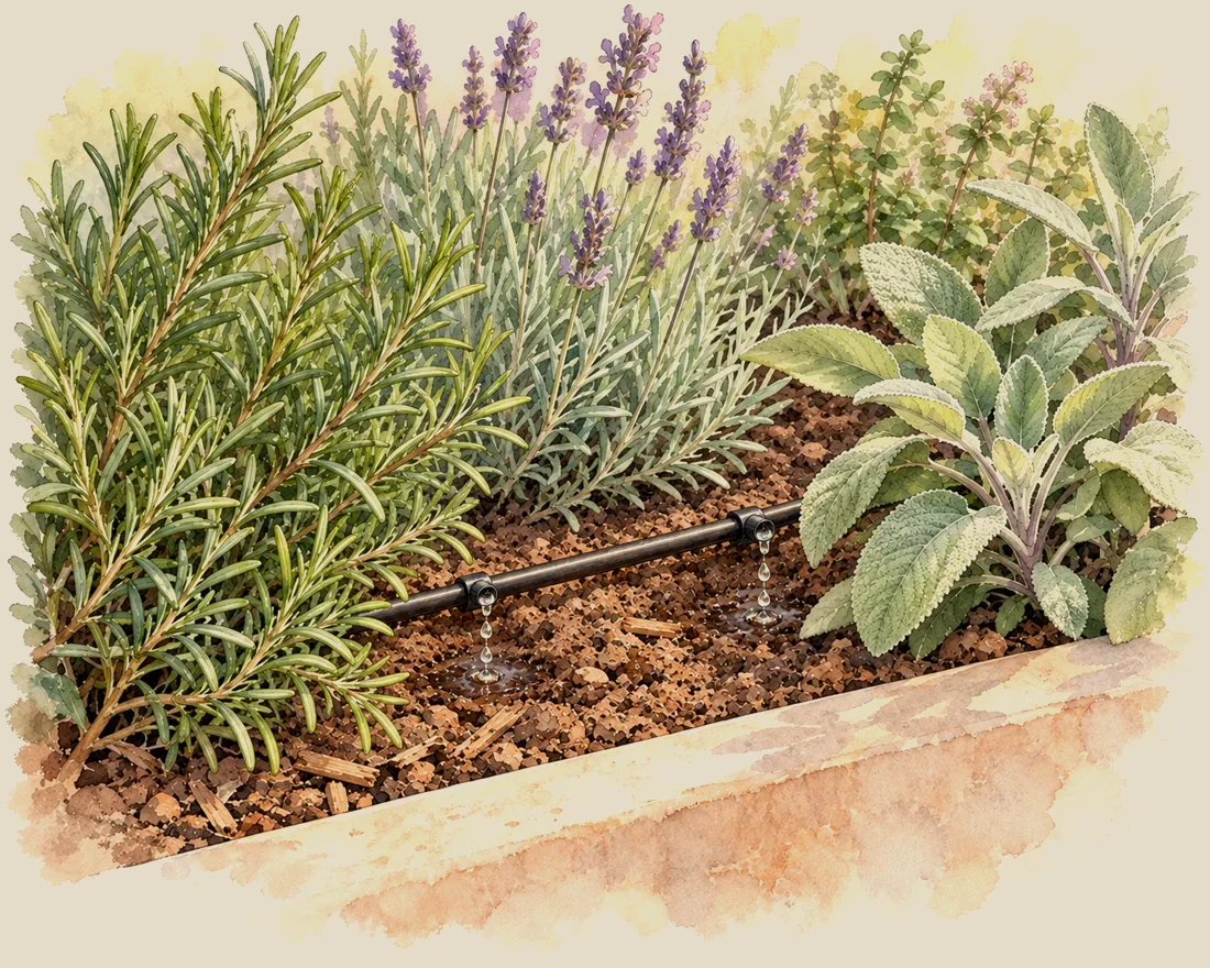 Riego por goteo entre romero, lavanda y salvia en una jardinera