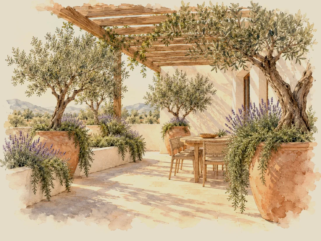 Terraza mediterránea con olivos en macetas de barro, lavanda y pérgola de madera